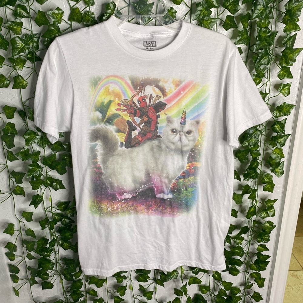 dead pool riding a cat graphic tee